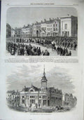 Old Antique Print 1863 Corn Exchange Huntingdonshire Fire Brigade Horses 19th