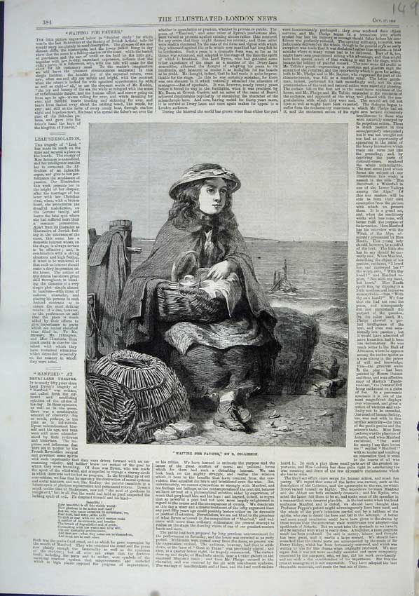 Original Old Antique Print 1863 Fine Art Young Girl Waiting Father Sea 19th
