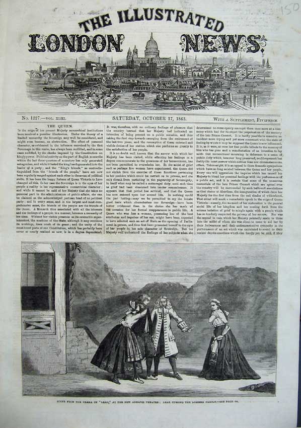 Original Old Antique Print 1863 Adelphi Theatre Scene Leah Lorrenz Family Drama