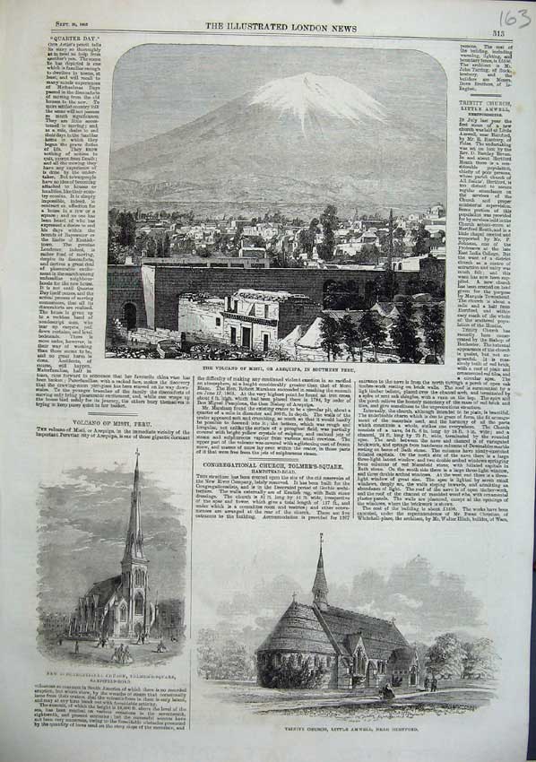Old Antique Print 1863 Volcano Misti Peru Church Trinity Amwell Herford 19th