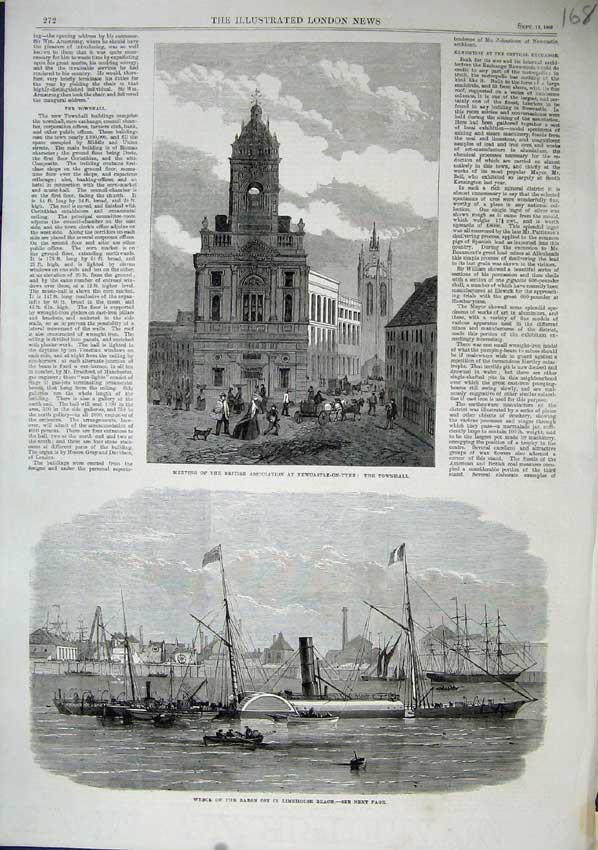 Original Old Antique Print 1863 Townhall Newcastle-On-Tyne Ship Wreck Baron Osy