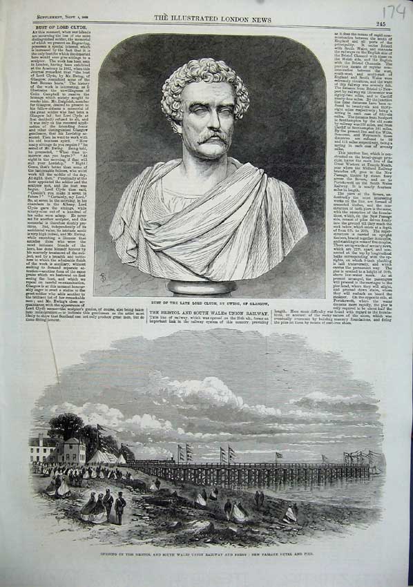 Old Antique Print 1863 Bust Lord Clyde Glasgow Bristol Railway Ferry Pier 19th