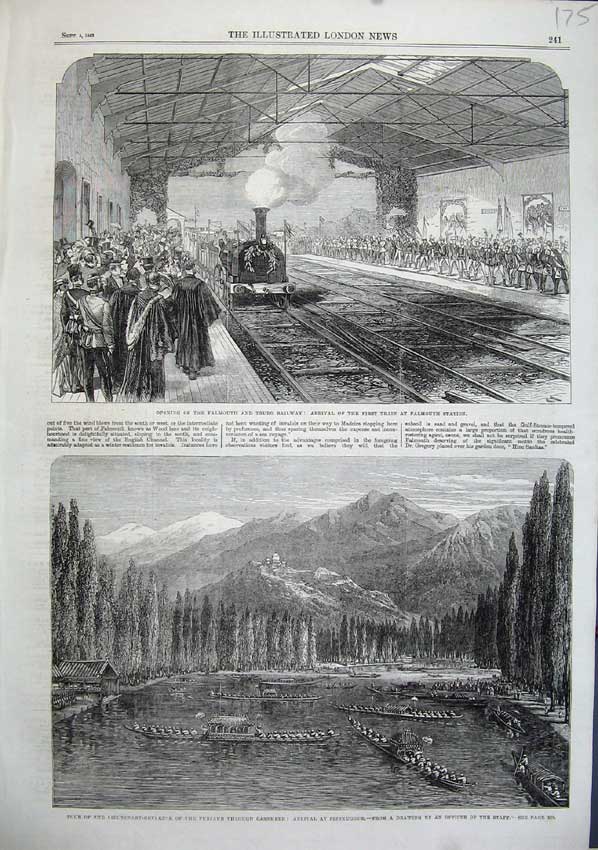Original Old Antique Print 1863 Falmouth Truro Railway Train Punjab Srinnuggur