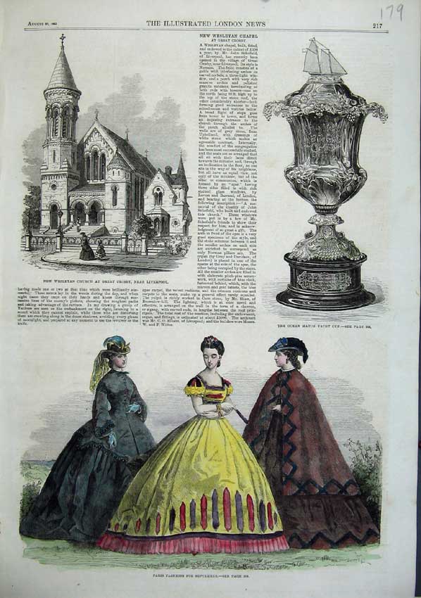 Original Old Antique Print 1863 Paris Fashion Wesleyan Church Great Cosby Cup
