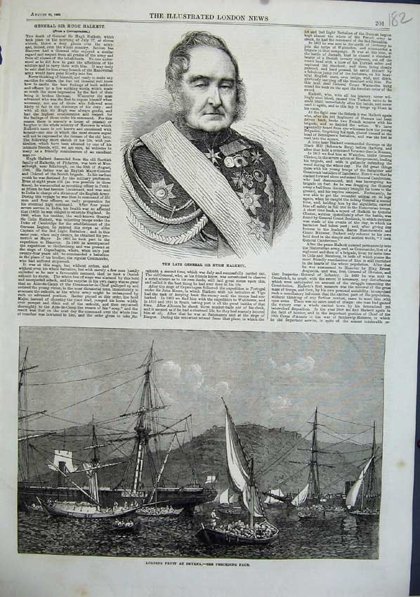 Old Antique Print Sir Hugh Halkett 1863 Ship Loading Fruit Smyrna Boats 19th