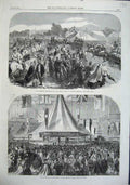 Old Antique Print 1863 Fire Brigade Leighton Buzzard College Fete Palace 19th