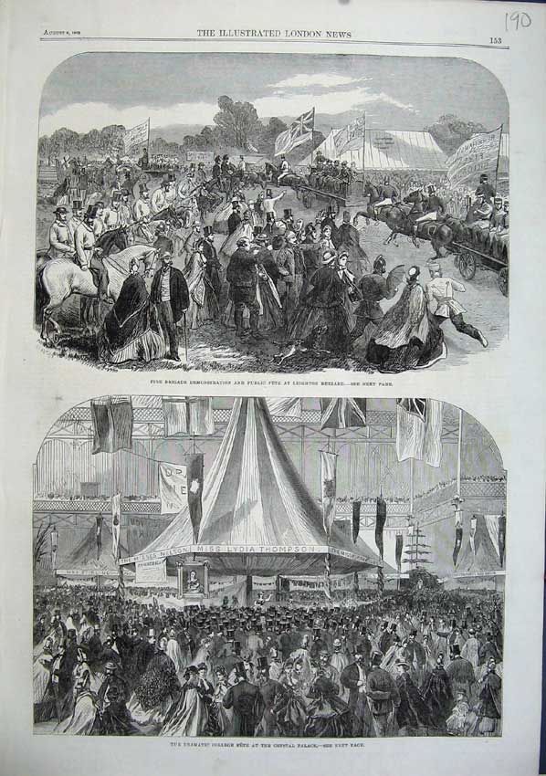 Old Antique Print 1863 Fire Brigade Leighton Buzzard College Fete Palace 19th