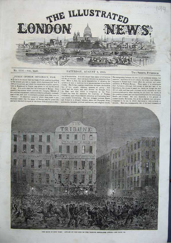 Old Antique Print 1863 Riots New York Attack Mob Tribune Office Fine Art 19th