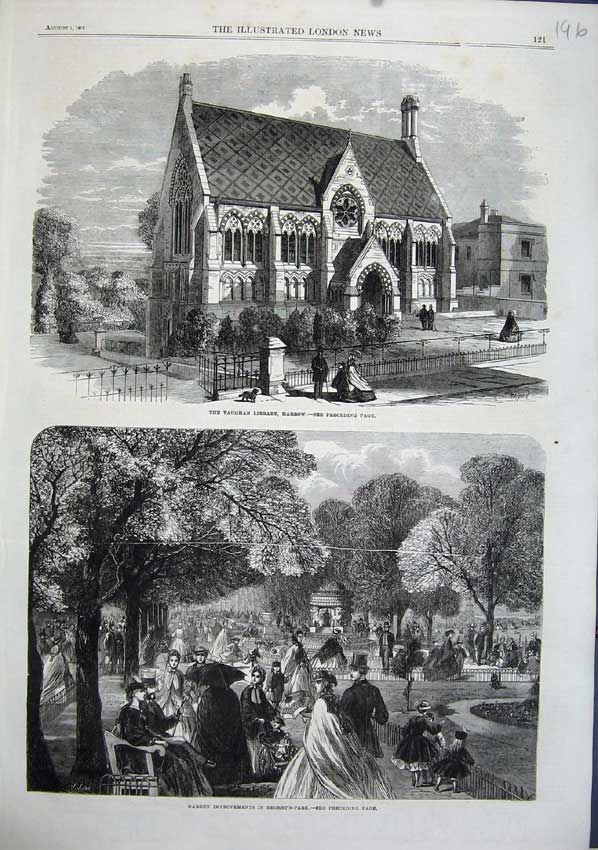 Original Old Antique Print 1863 Vaughan Library Harrow Garden Regent'S Park Art