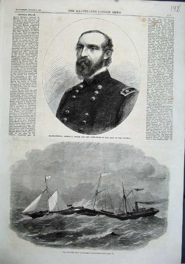 Original Old Antique Print 1863 Major General George Meade Iron Ship Connector