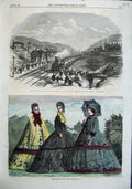 Old Antique Print Paris Fashion 1863 Swansea Railway Train Abbey Station 19th