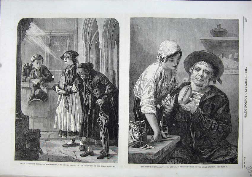 Original Old Antique Print 1863 Church Woman Girl Bible Boy Man Making Boats