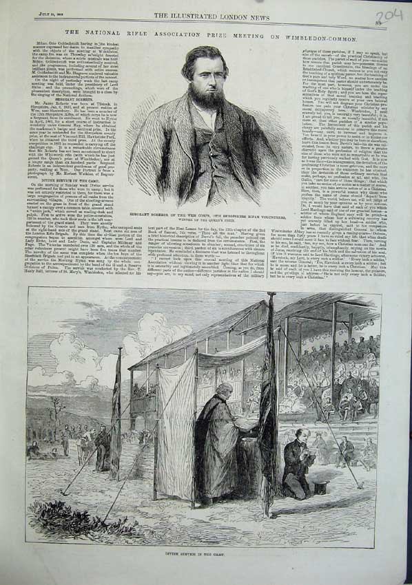 Old Antique Print 1863 Sergeant Roberts Rifle Volunteer Holy Service Camp 19th