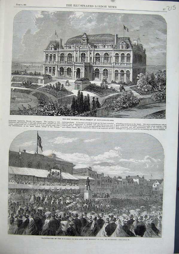 Old Antique Print 1863 Bathing Boulogne-Sur-Mer Monument Lord Herbert Lea 19th