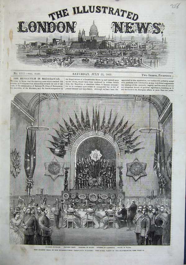 Old Antique Print 1863 Guards Ball Exhibition Building Party Supper Room 19th