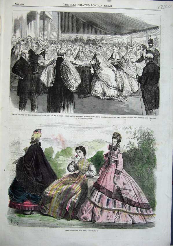 Old Antique Print 1863 Paris Fashion British Orphan Asylum Slough Wales 19th