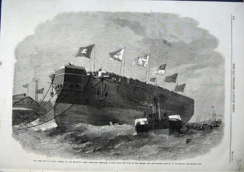 Original Old Antique Print 1863 Iron Clad Steam Ship Minotaur Thames Blackwall