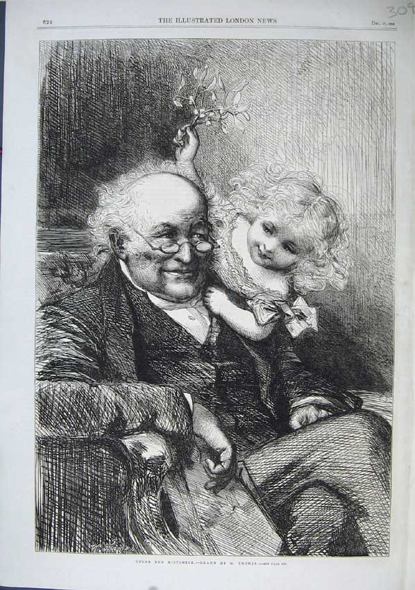 Original Old Antique Print 1863 Man Under Mistletoe Young Girl Fine Art Thomas