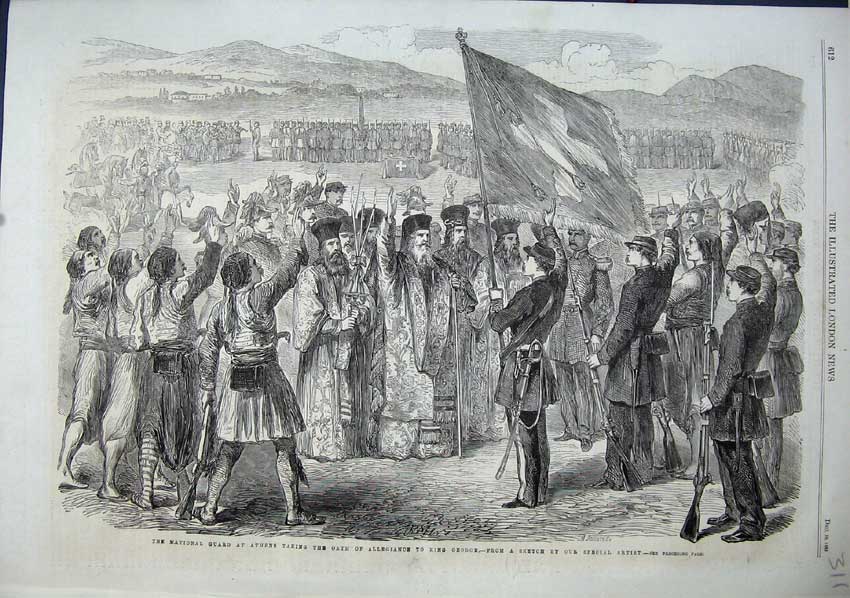 Old Antique Print 1863 National Guard Athens Oath Allegiance King George 19th