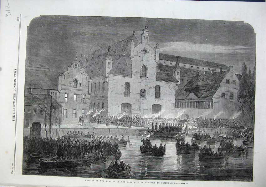 Old Antique Print 1863 Arrival Remains King Denmark Copenhagen Torch Boat 19th