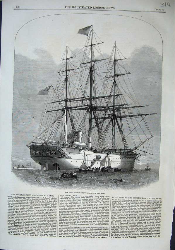Old Antique Print 1863 Double Screw Steam Ship Far East Sailing Boats Art 19th