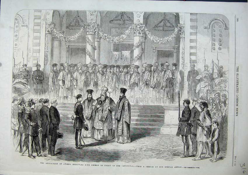 Original Old Antique Print Archbishop Athens King George Cathedral 1863 Army