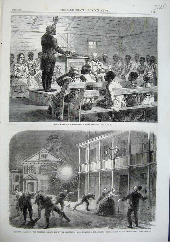 Original Old Antique Print 1863 Family Worship Carolina War America Charleston