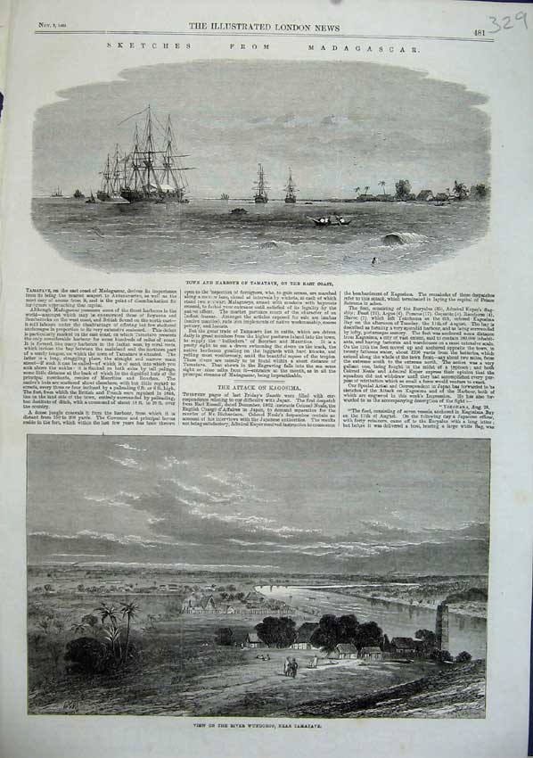 Original Old Antique Print River Wundoroo Tamatave 1863 Town Harbour Madagascar