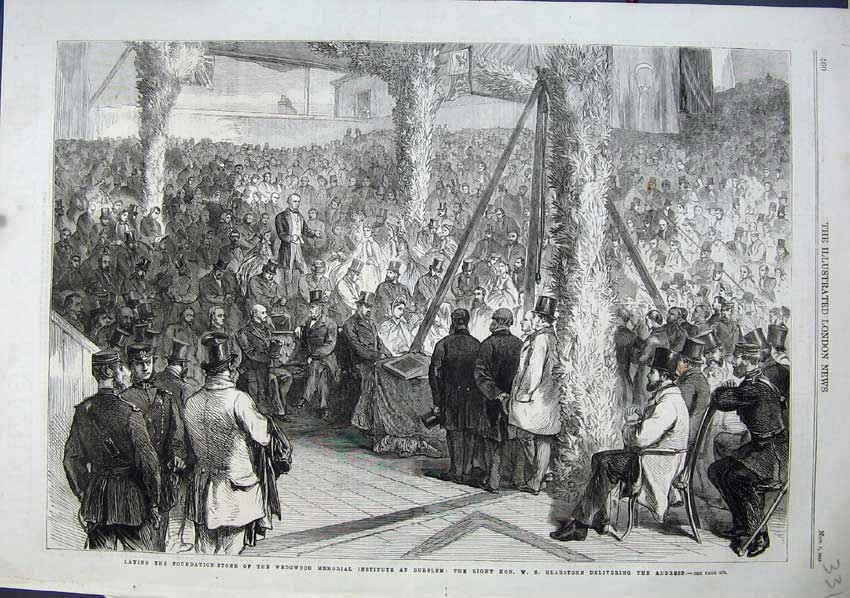 Old Antique Print Wedgwood Memorial Institute Burslem 1863 Gladstone Art 19th