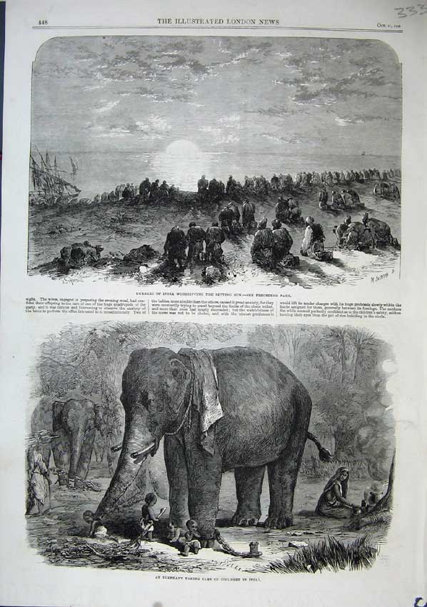 Old Antique Print 1863 Elephant Children India Guebers Worshiping Sun Art 19th