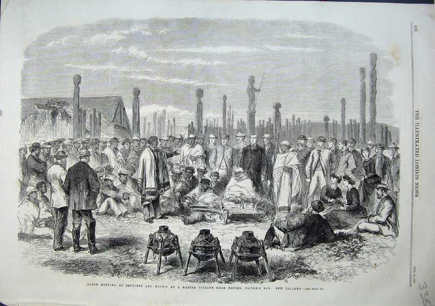 Old Antique Print 1863 Settlers Maoris Native Village Napier Hawkes Bay 19th