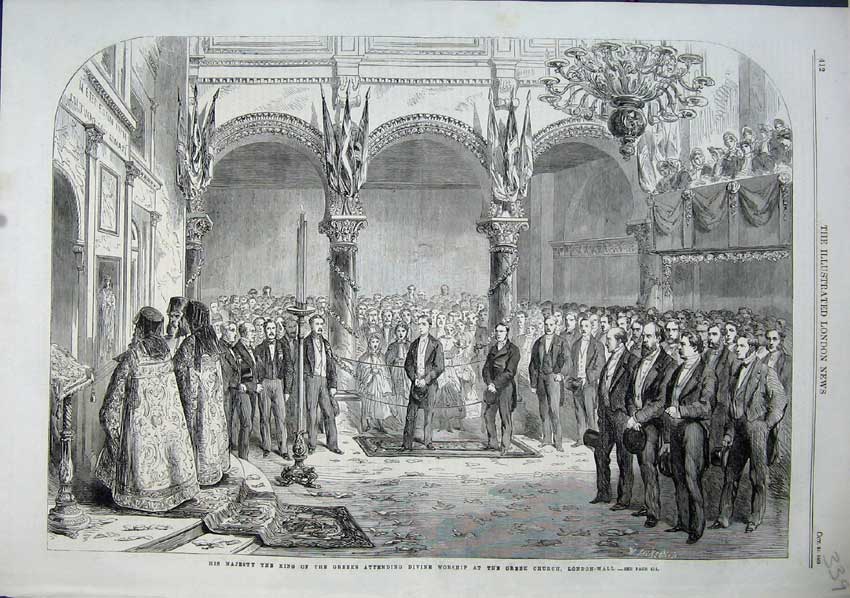 Old Antique Print 1863 King Greeks Divine Worship Church London-Wall Art 19th