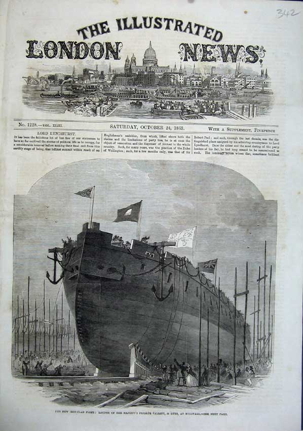 Old Antique Print 1863 Iron Clad Ship Queen Frigate Valiant Millwall War 19th