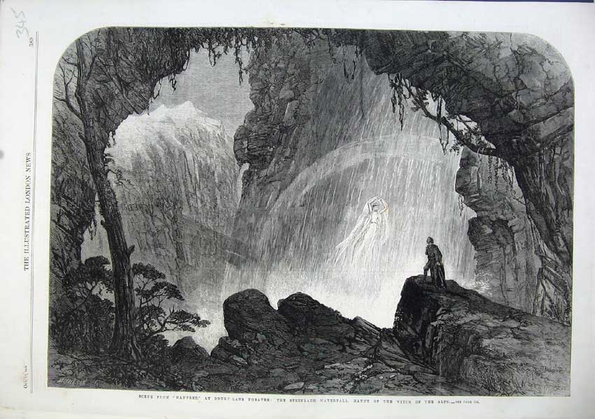 Old Antique Print Fine Art 1863 Manfred Drury Lane Theatre Steinbach Alps 19th