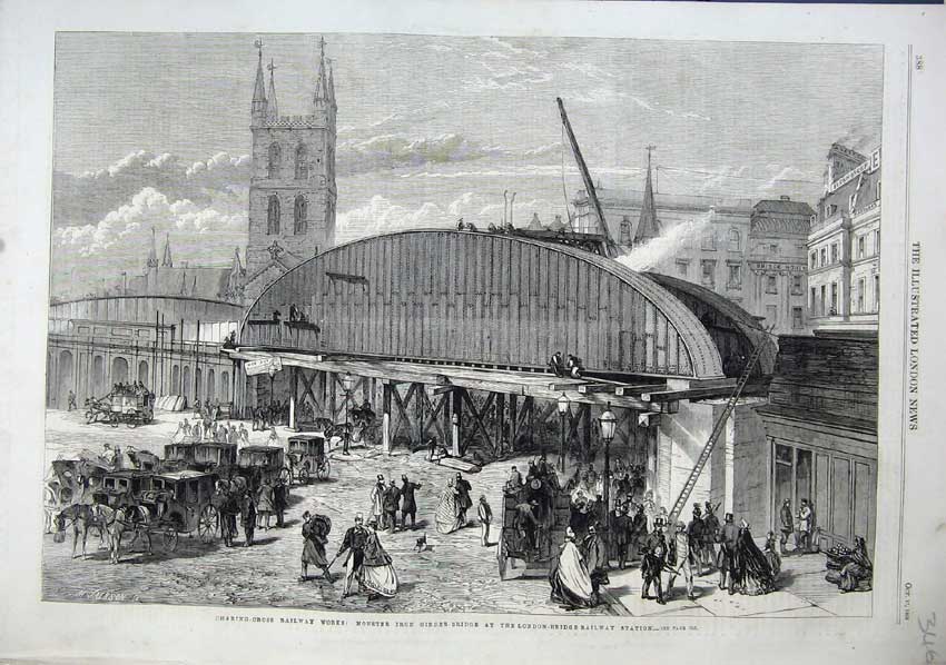 Old Antique Print 1863 Charing Cross Railway Works Girder Bridge Trains 19th