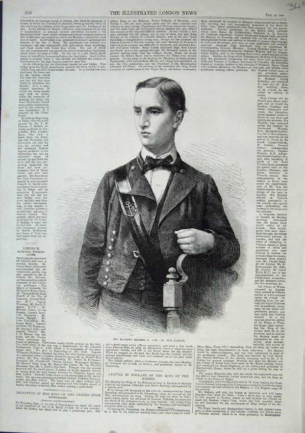 Original Old Antique Print 1863 Portrait Majesty George King Greeks Victorian