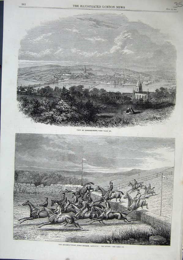 Old Antique Print 1863 View Londonderry Steeplechase Limerick Horse Race 19th