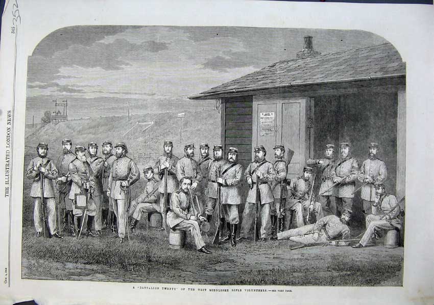 Original Old Antique Print 1863 Battalion Twenty Middlesex Rifle Volunteers War