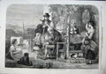 Original Old Antique Print 1863 Autumn Family Church Book Straw Flowers Dog Art