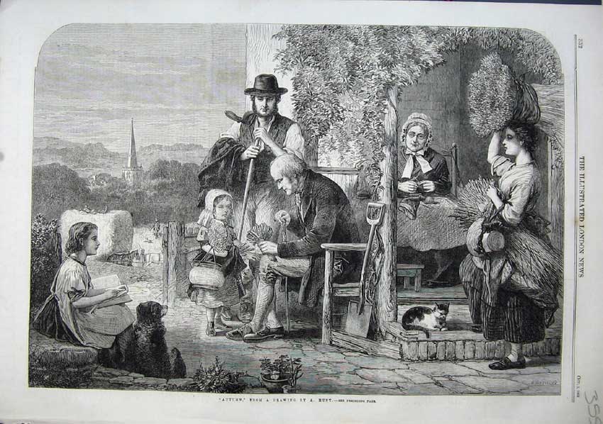 Original Old Antique Print 1863 Autumn Family Church Book Straw Flowers Dog Art