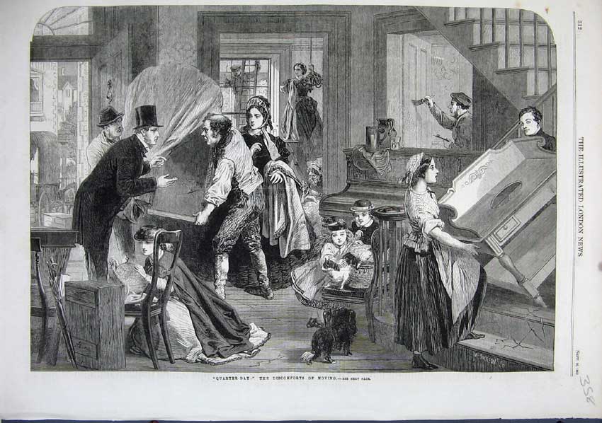 Original Old Antique Print 1863 Quarter Day Discomforts Moving Family Fine Art