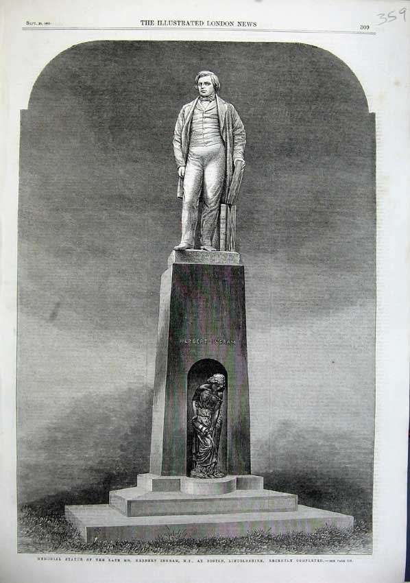 Old Antique Print 1863 Memorial Statue Herbert Ingram Boston Lancashire 19th