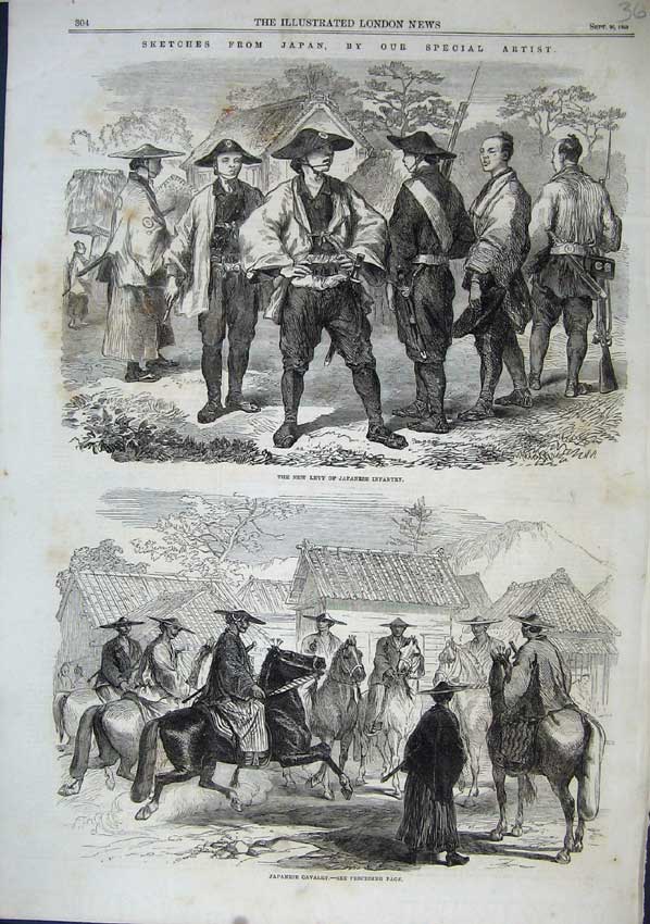Original Old Antique Print Levy Japanese Infantry 1863 Cavlary Army War Horses