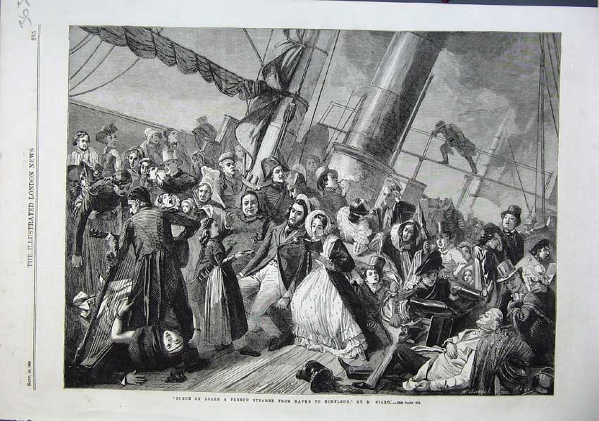 Old Antique Print 1863 Board French Steamer Havre Honfleur Biard Fine Art 19th