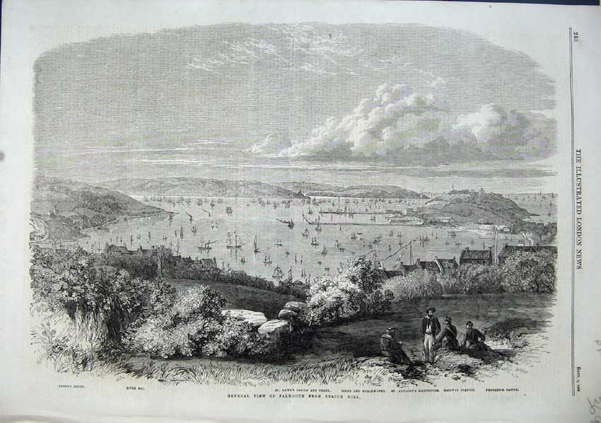 Old Antique Print 1863 View Falmouth Beacon Hill Penryn Creek Lighthouse 19th