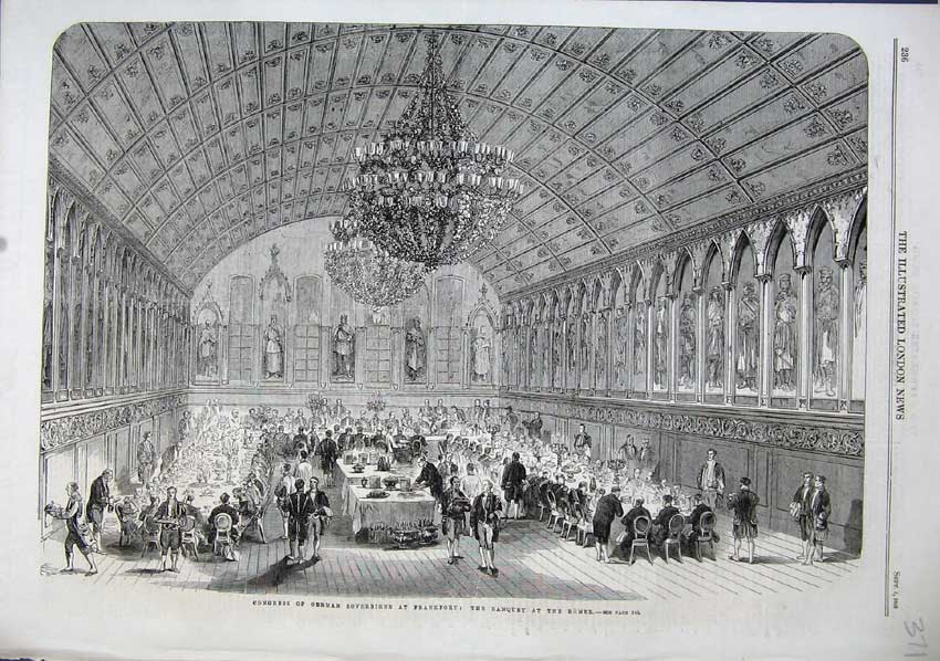 Original Old Antique Print 1863 Congress German Sovereigns Frankfort Banquet