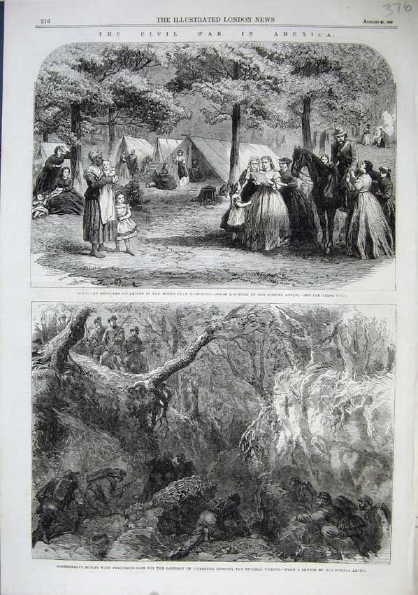 Old Antique Print War America 1863 Refugees Camps Woods Vicksburg Scouts 19th