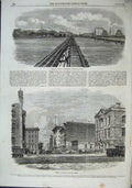 Original Old Antique Print 1863 Chicago Michigan Railway Street Train America