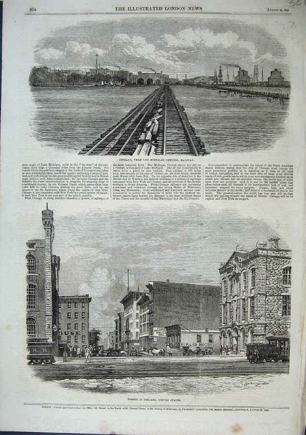 Original Old Antique Print 1863 Chicago Michigan Railway Street Train America