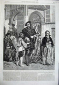Original Old Antique Print 1863 Country Church Porch Family Koller Fine Art